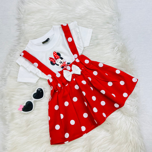 Micky Mouse White Frill Shirt & Red White Polka Dot Skirt