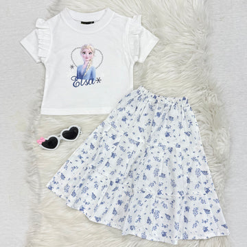Elsa White Top & White Blue Flower Frill Long Skirt