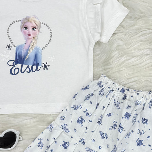 Elsa White Top & White Blue Flower Frill Long Skirt