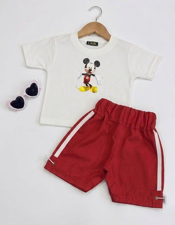 Micky Mouse White T-Shirt & Red White Tape Short