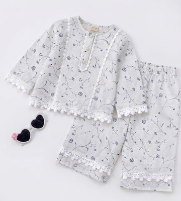White Floral Print Kurta & White Floral Print Trouser