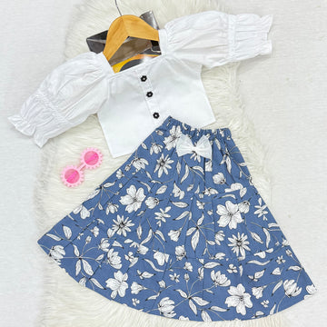 White Top & Blue White Flower Long Skirt