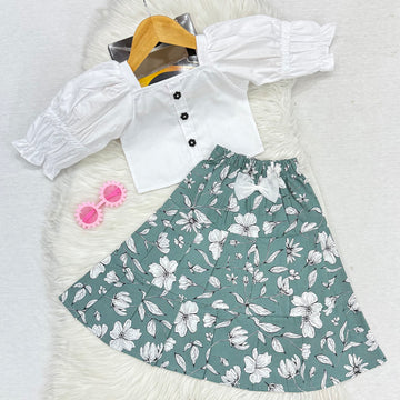 White Top & Green White Flower Long Skirt