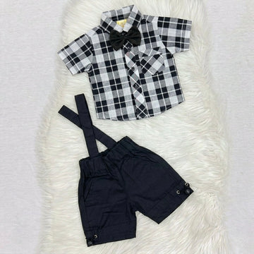 White-Black Check Black-Bow Shirt & White-Black Check Short