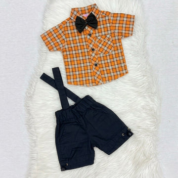 Orange Check Black-Bow Shirt & Black Short