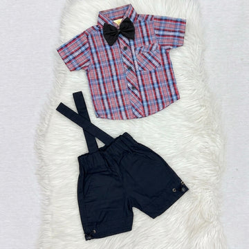 Dusty-Purple Check Black-Bow Shirt & Black Short