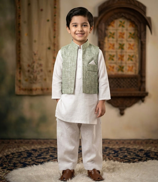 White Kurta-Green Vasecot & White Shalwar