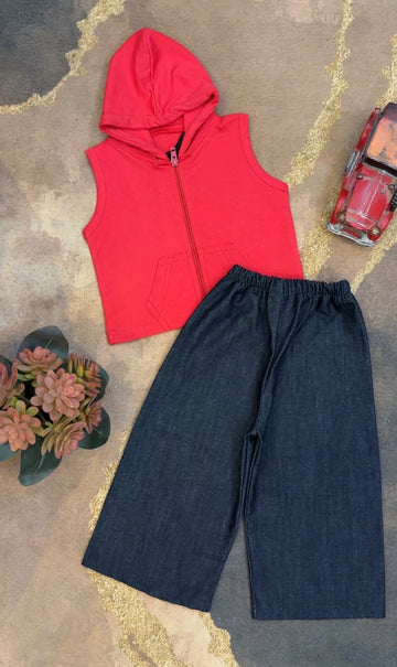 Red Summer Blended Jersey Zipper Hoodie & Blue-Denim Baggy Trouser