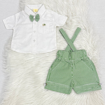 14 August White-Green Lining Bow Shirt & White-Green Lining Short