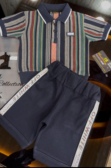 Multi Print Polo Shirt & Navy Blue Tape Short