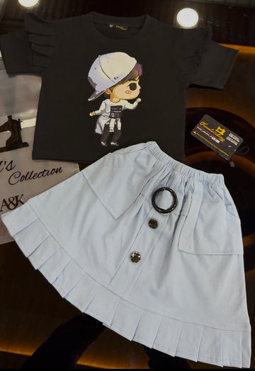 Black Frill Shirt & Sky-Blue Buckle Button Skirt