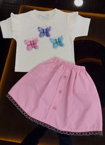 White Butterfly Frill Shirt & Pink Button Skirt