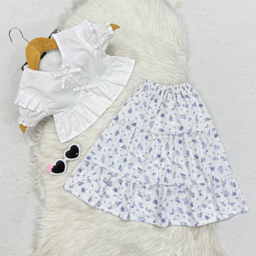 White Mini Butterfly Top & White Blue Flower Frill Long Skirt
